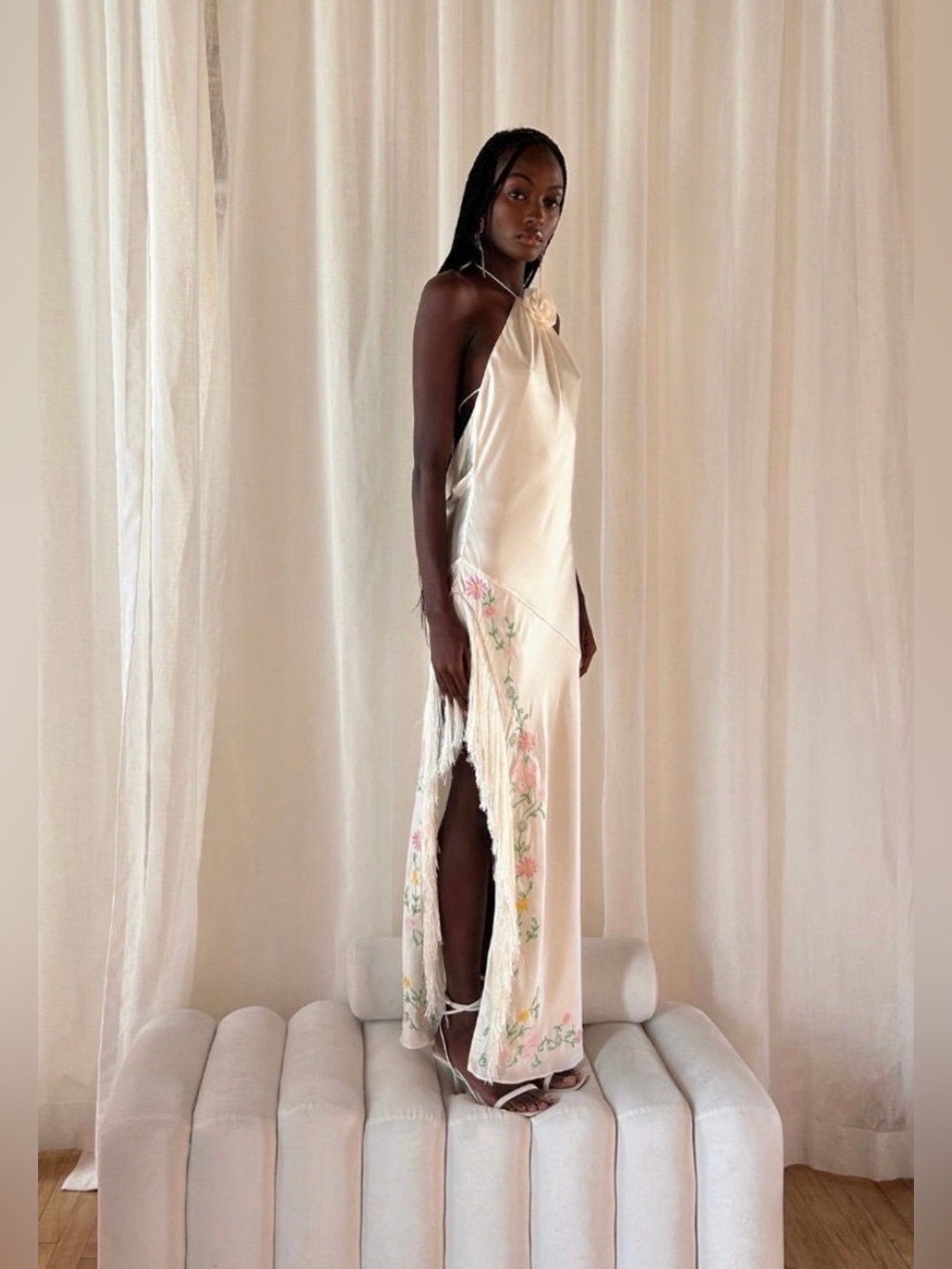 For Love & Lemons Tina Silk Embroidered Halter Maxi Dress Size XS NWT